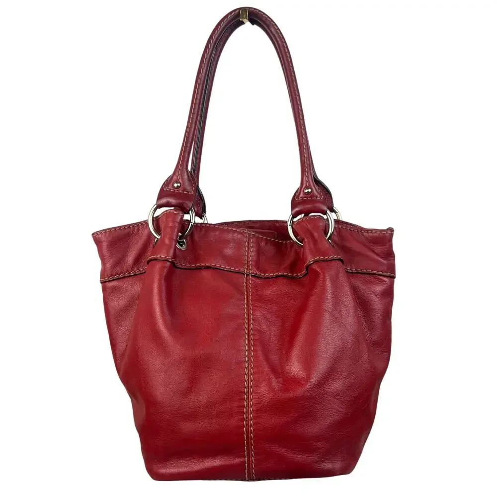 Vintage Tignanello Genuine Red Leather Stitched Silver Accents Shoulder Purse